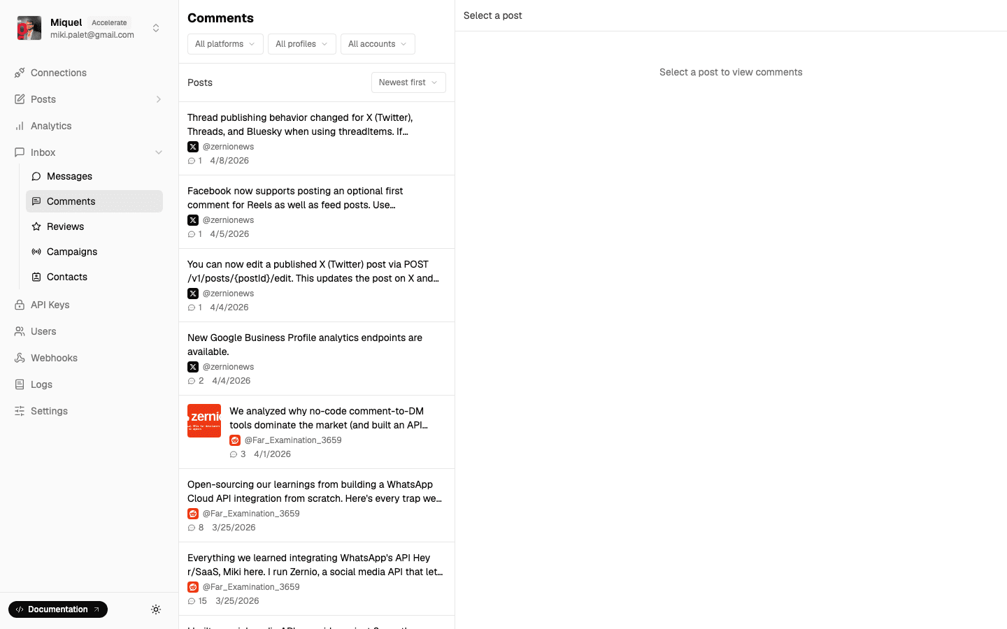 Comments dashboard
