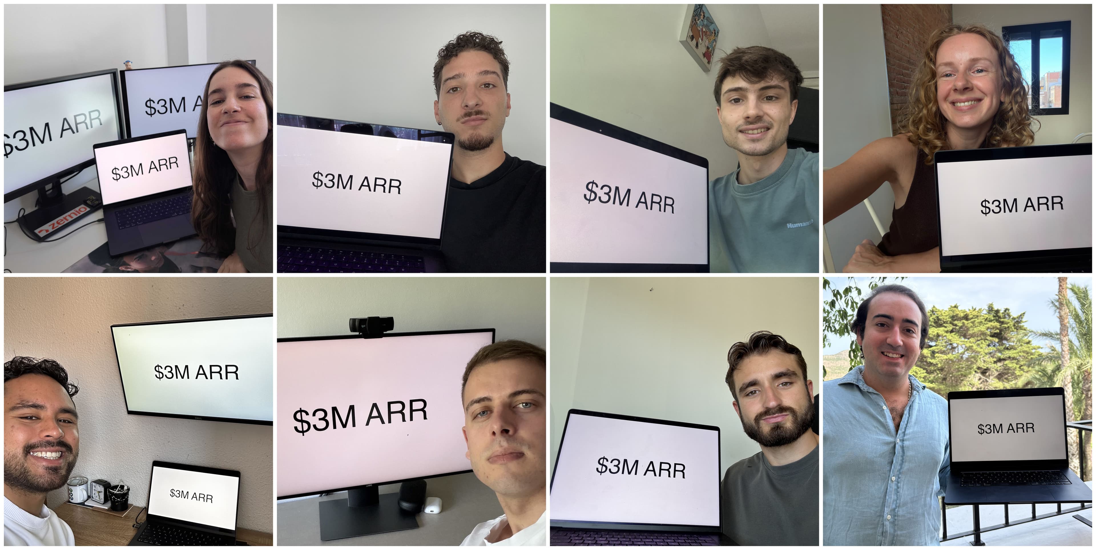 The Zernio team, each holding up a $3M ARR sign