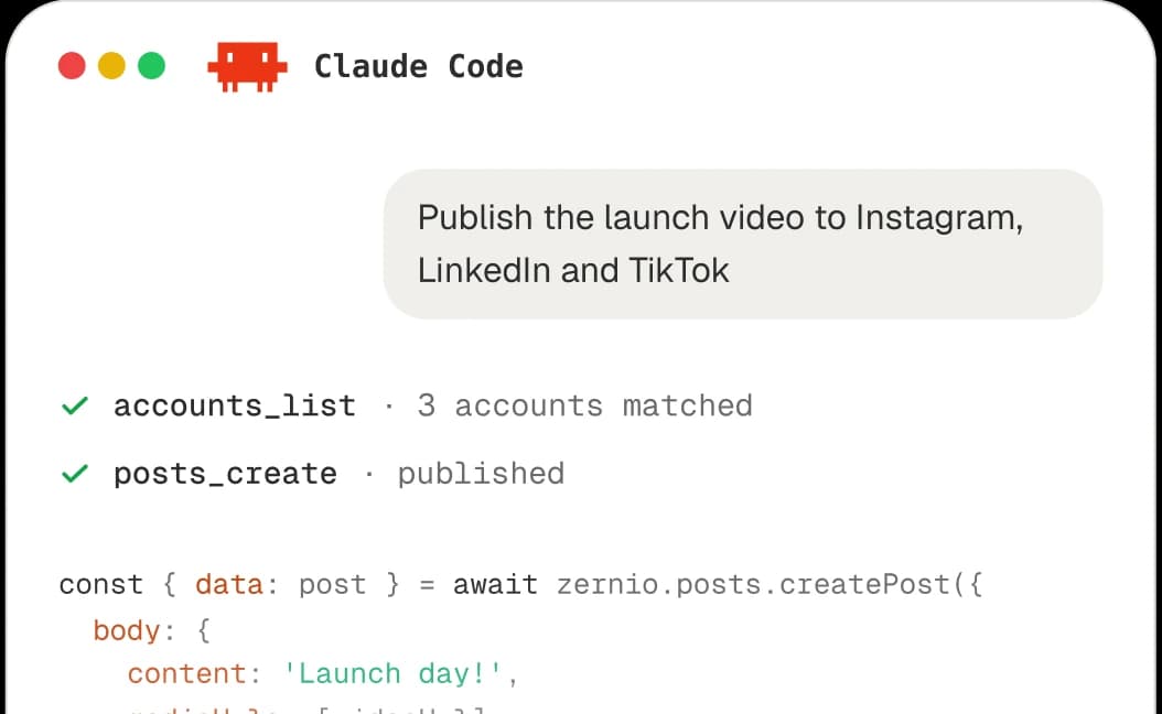Claude Code publishing a launch video to Instagram, LinkedIn and TikTok through Zernio