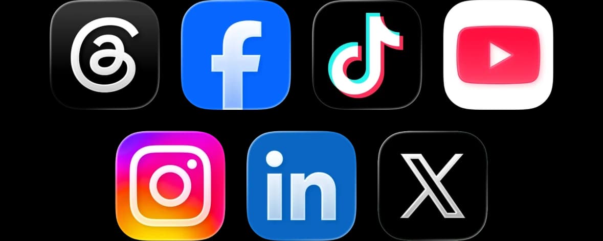 Threads, Facebook, TikTok, YouTube, Instagram, LinkedIn and X