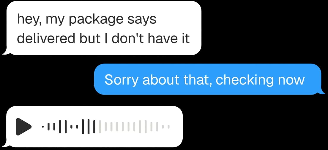 An iMessage conversation between a customer and a support agent, with a voice note