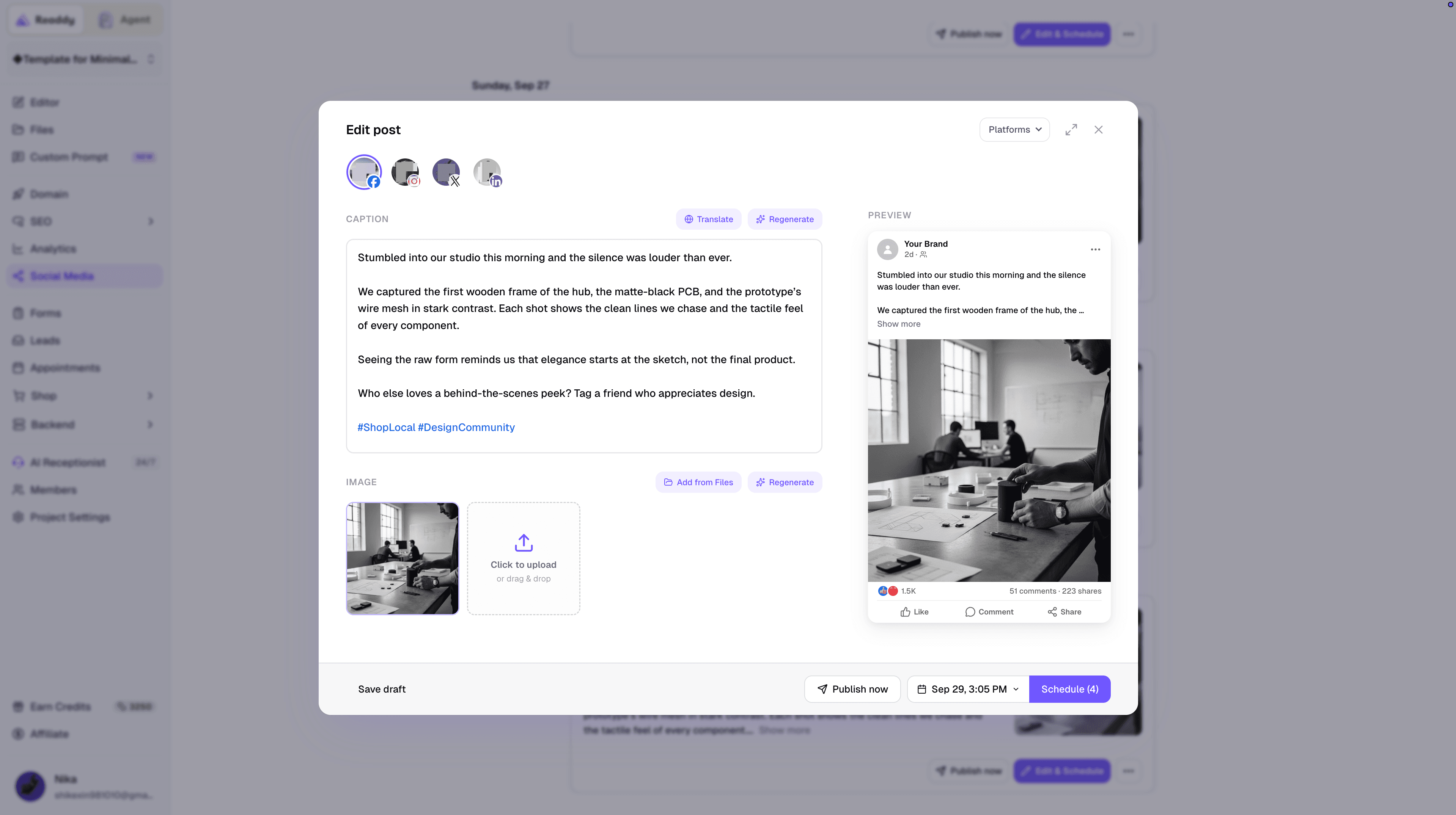 Posting across social media in Readdy with the Zernio API