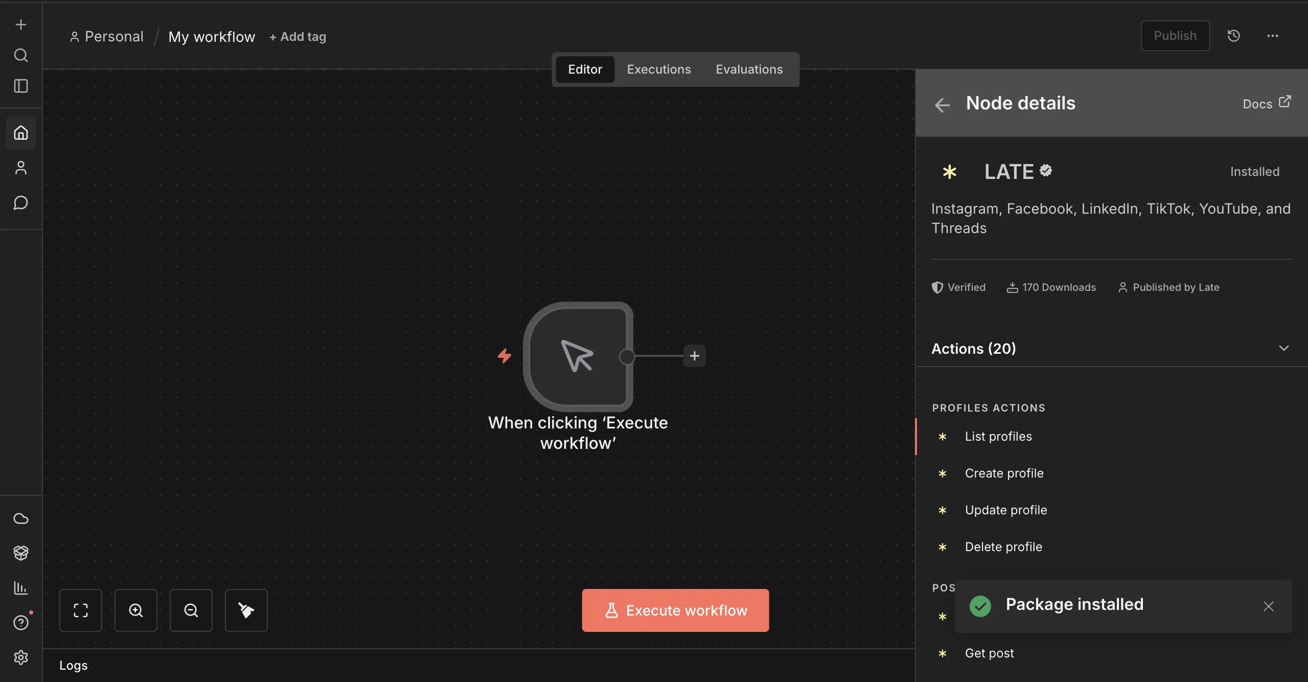 Install Late package in n8n