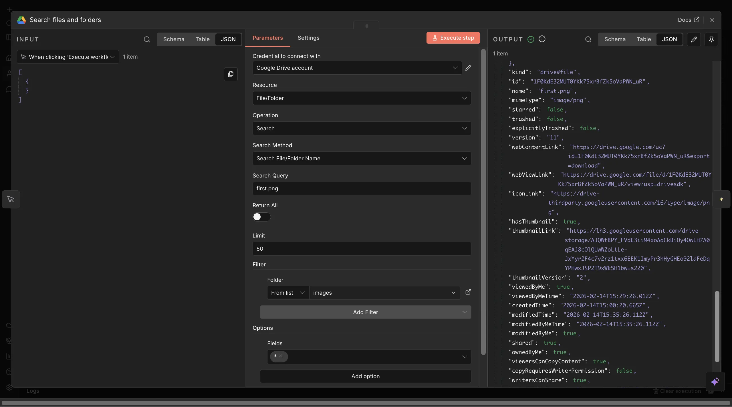 Configure Google Drive search in n8n