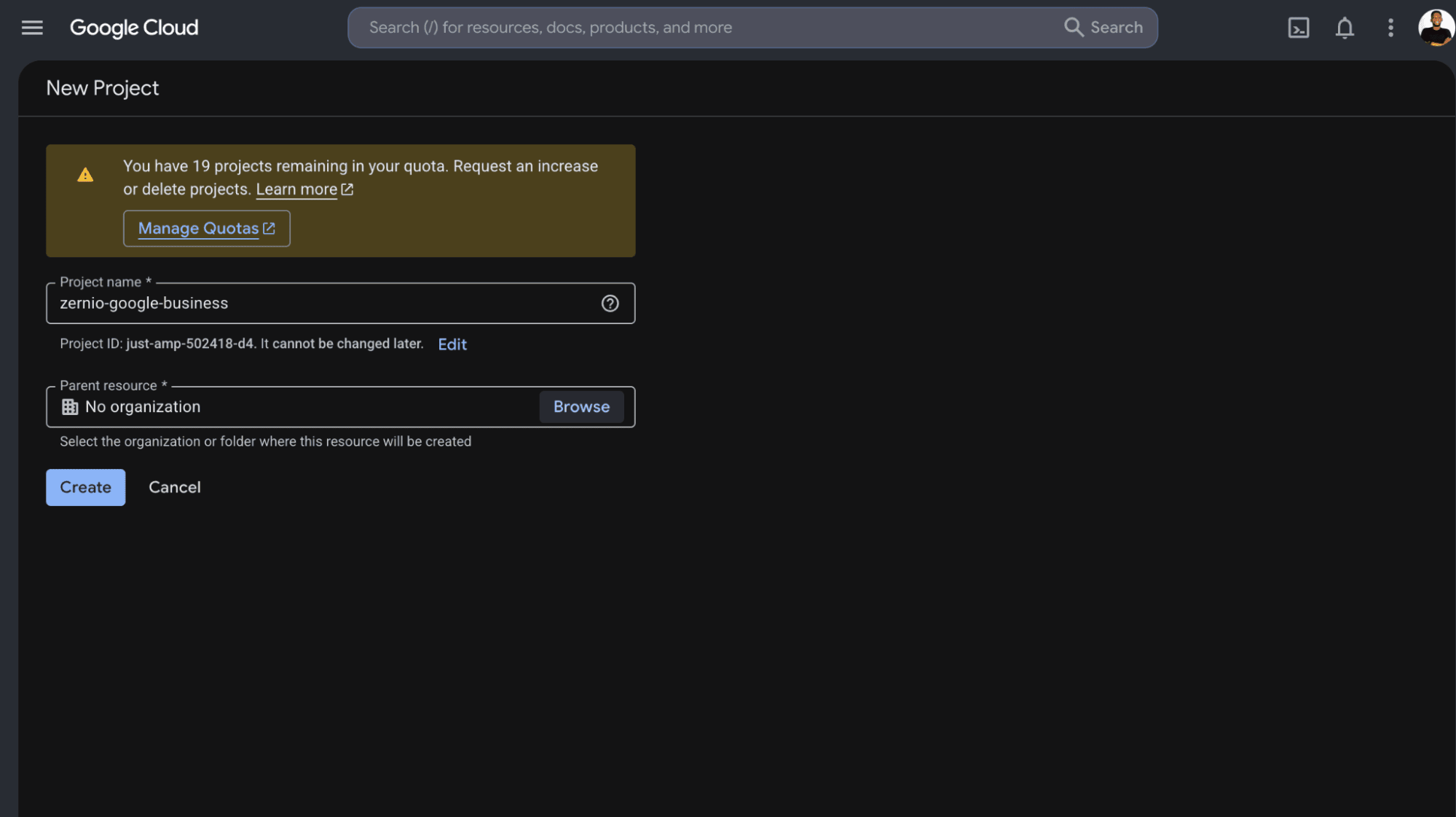 create project in Google Cloud Console
