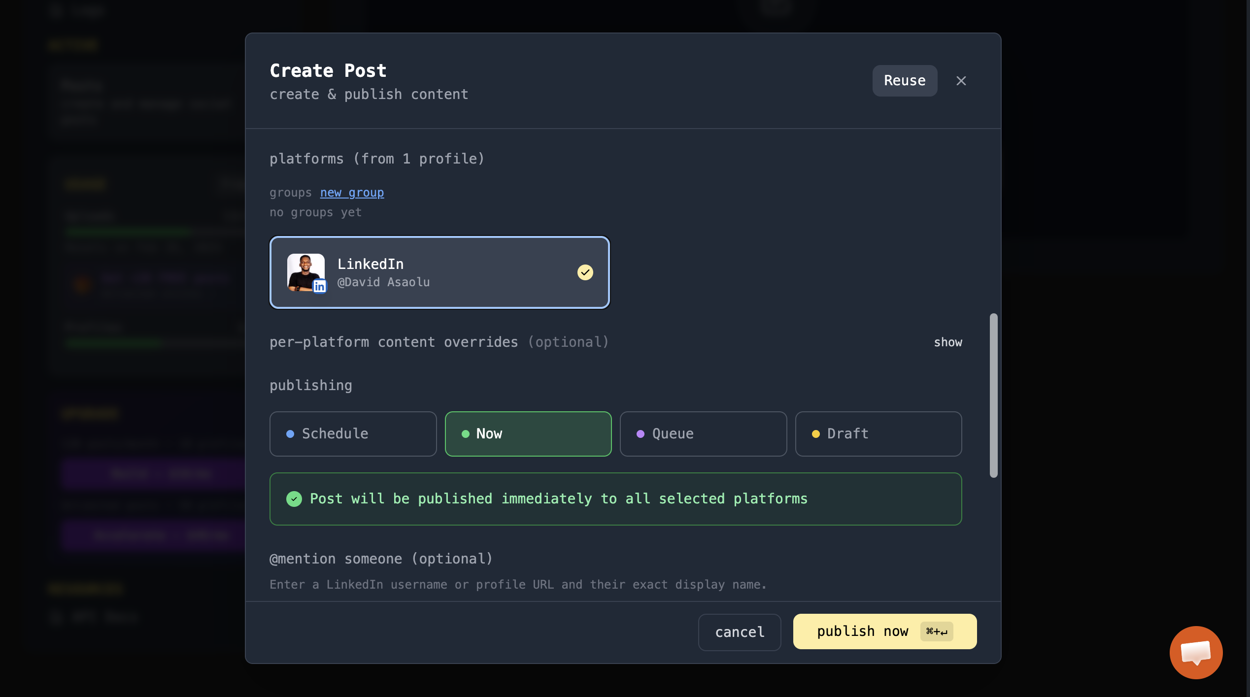 Zernio scheduling options for social media posts
