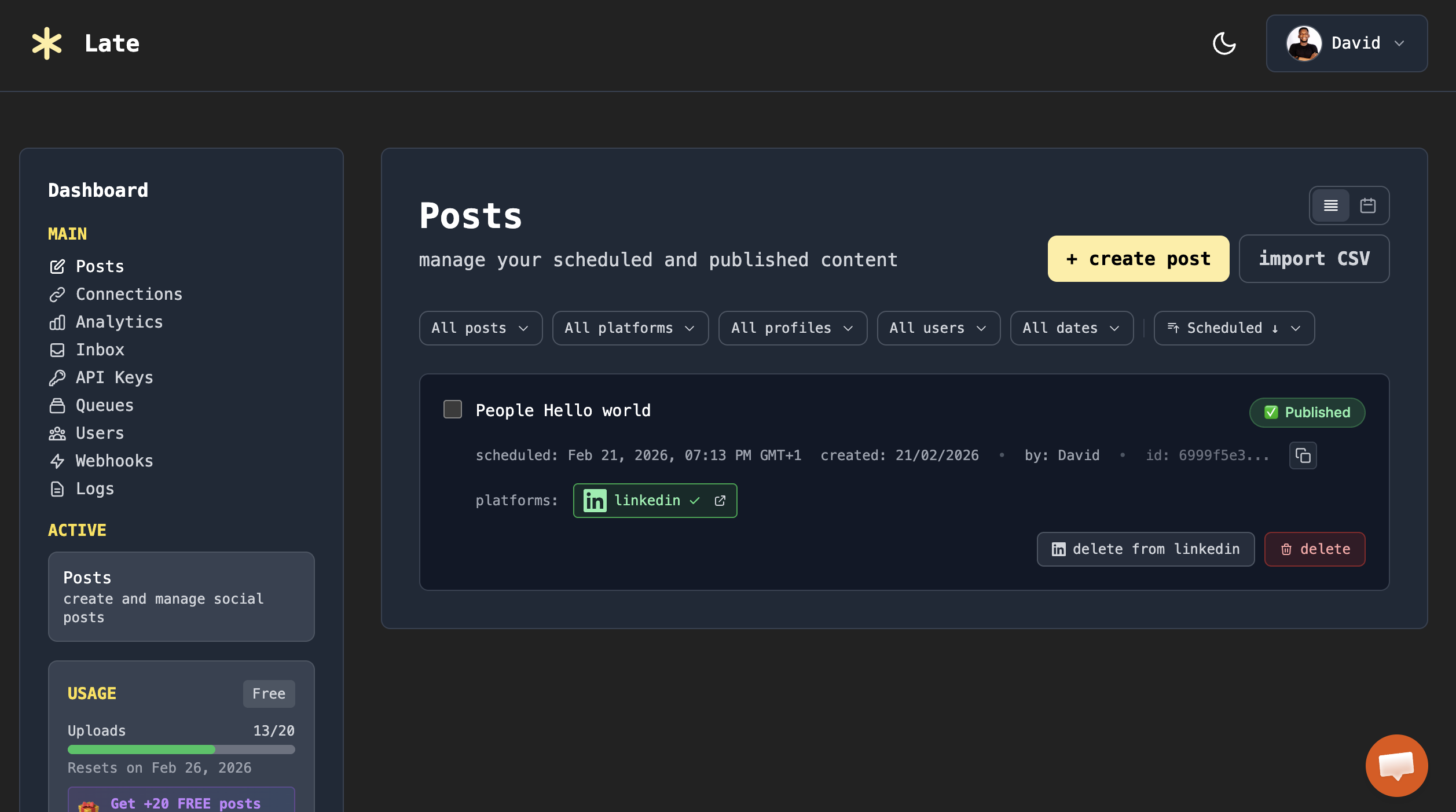 Published post status in Zernio dashboard