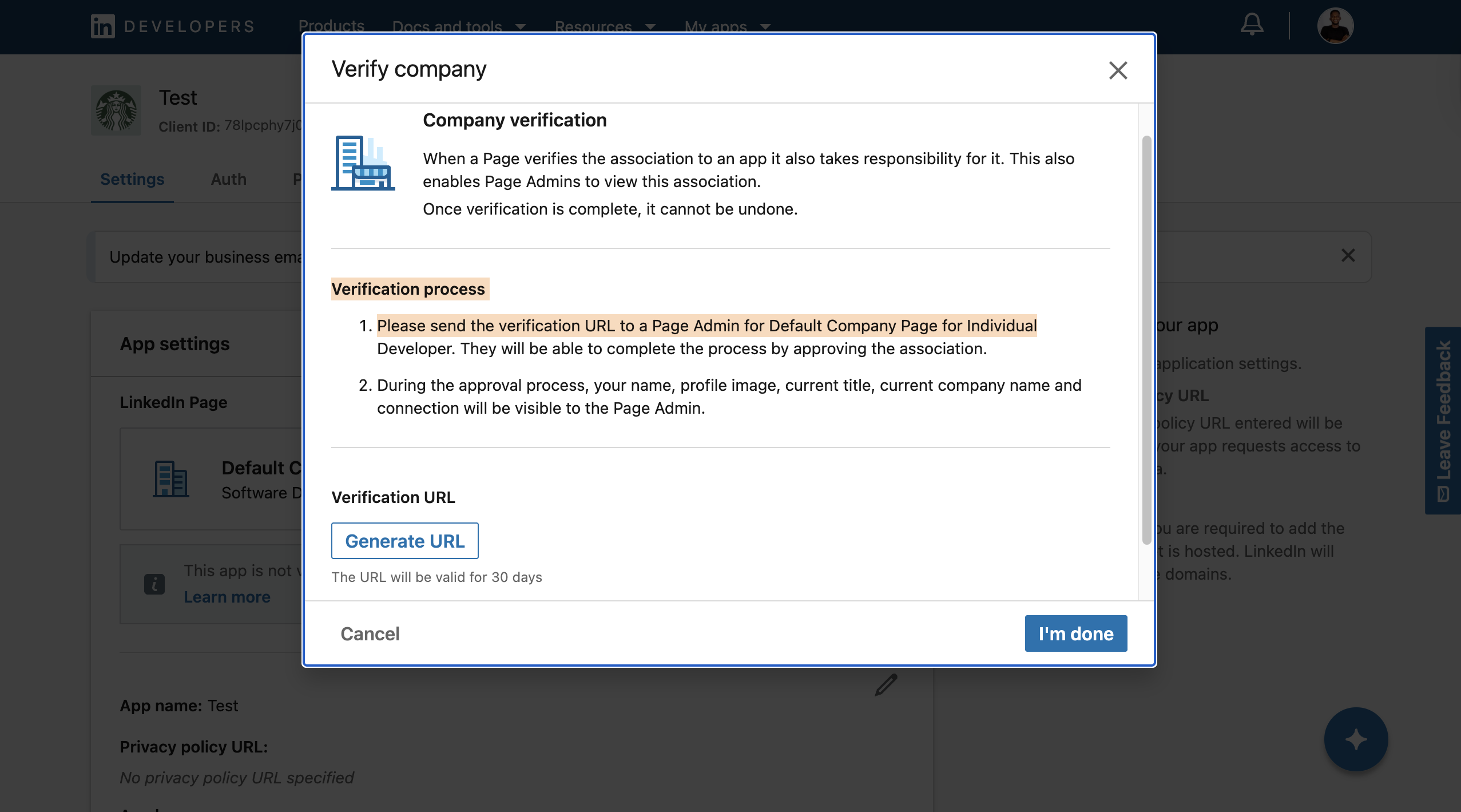 Verify LinkedIn page for the application