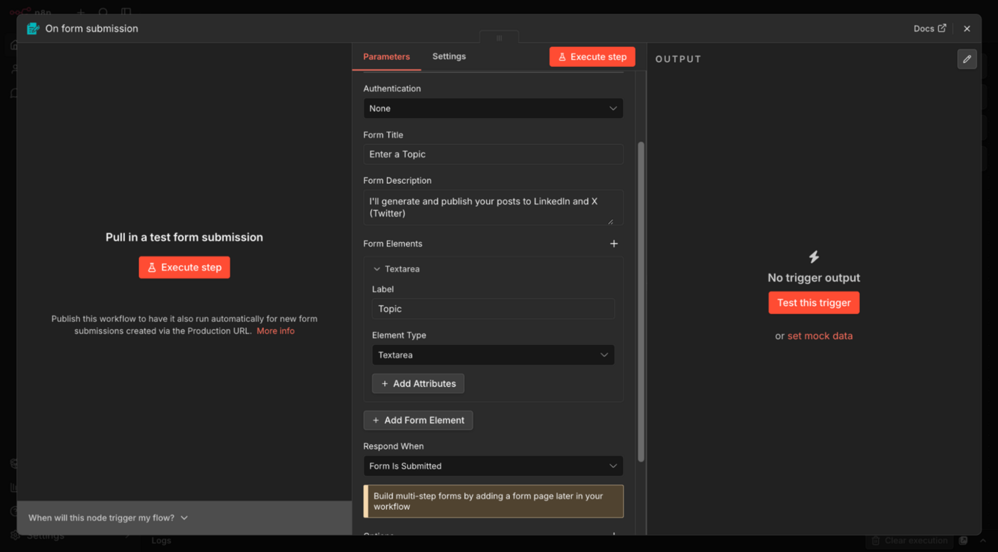 add a Form Submission Trigger in n8n