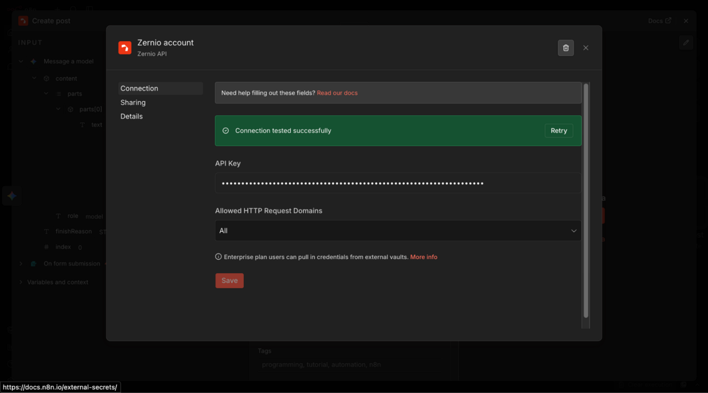 add zernio api key in n8n