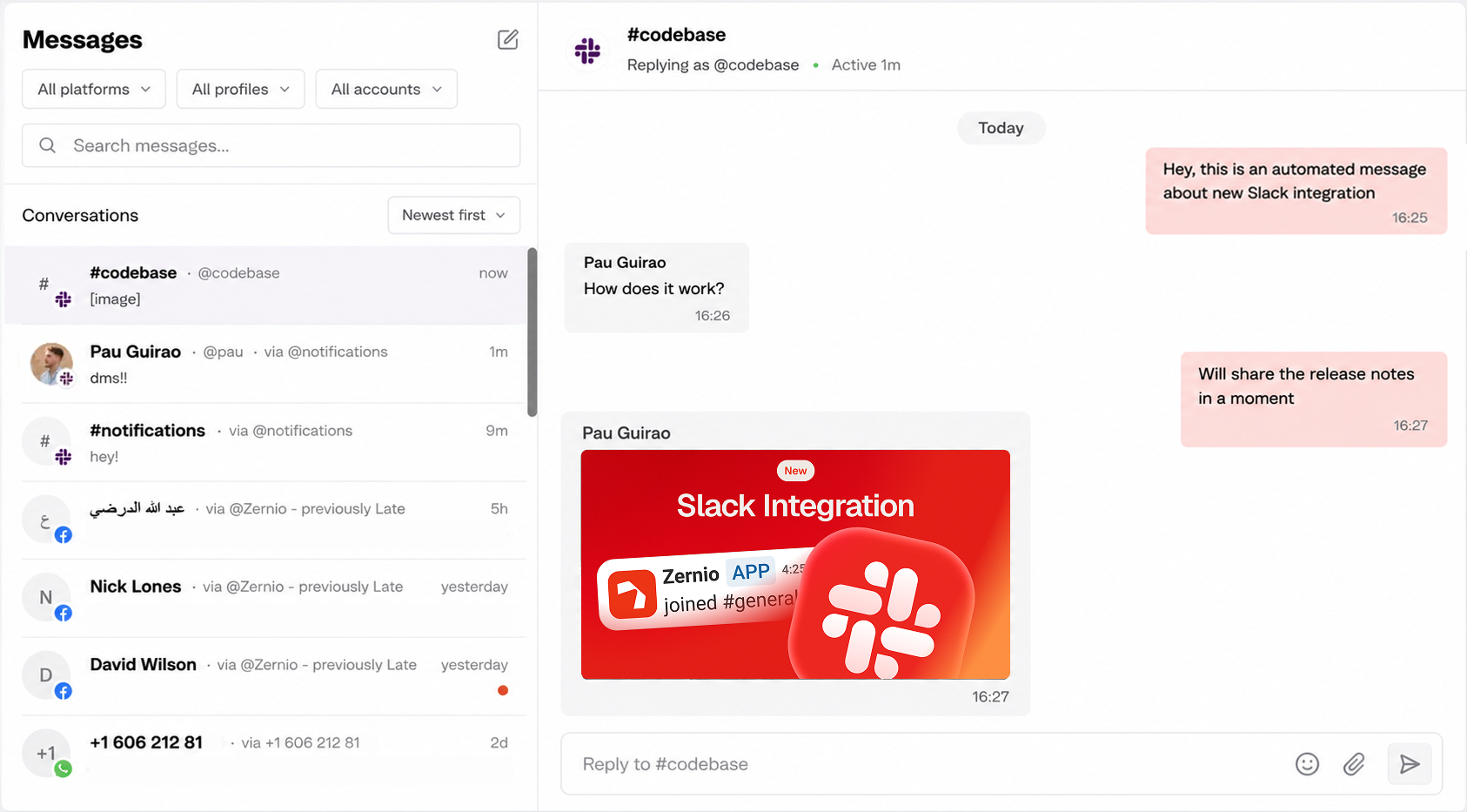 zernio unified inbox with slack support