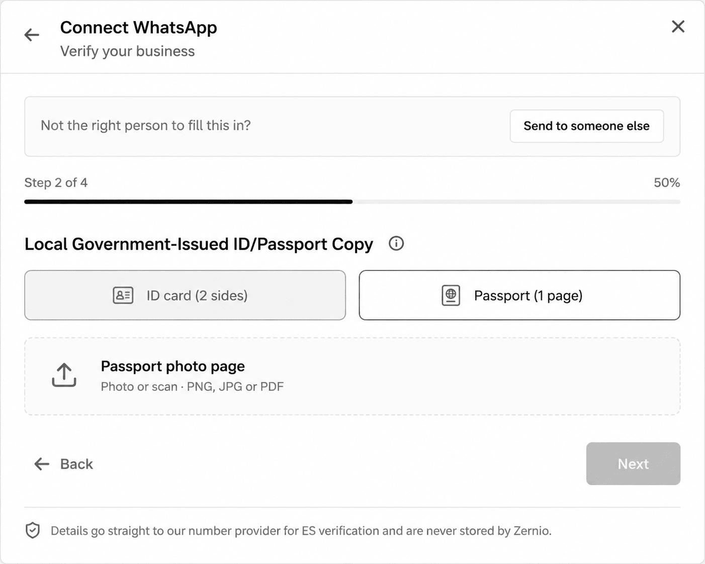WhatsApp number verification KYC form showing Local Government-Issued ID or Passport Copy step